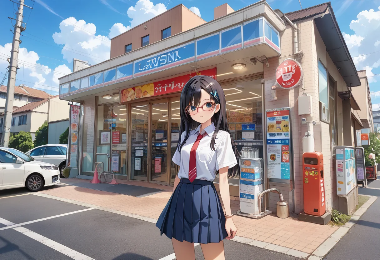 score_9, score_8_up, score_7_up, rating_safe, masterpiece, best quality, absurdres, unity 8k wallpaper, official art, official style, source_anime, uncensored, game cg, megami magazine,
1girl, solo, glasses, black hair, long hair, collared shirt, red necktie, pleated skirt, blue skirt, looking at viewer, blush, upper body,
lawson, konbini, scenery, storefront, car, outdoors, sky, scenery, cloud, road, power lines, utility pole, shop, day, street, building, blue sky
<lora:lawson_storefront_PONY_V1:1>