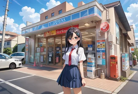 score_9, score_8_up, score_7_up, rating_safe, masterpiece, best quality, absurdres, unity 8k wallpaper, official art, official style, source_anime, uncensored, game cg, megami magazine,
1girl, solo, glasses, black hair, long hair, collared shirt, red necktie, pleated skirt, blue skirt, looking at viewer, blush, upper body,
lawson, konbini, scenery, storefront, car, outdoors, sky, scenery, cloud, road, power lines, utility pole, shop, day, street, building, blue sky
<lora:lawson_storefront_PONY_V1:1>