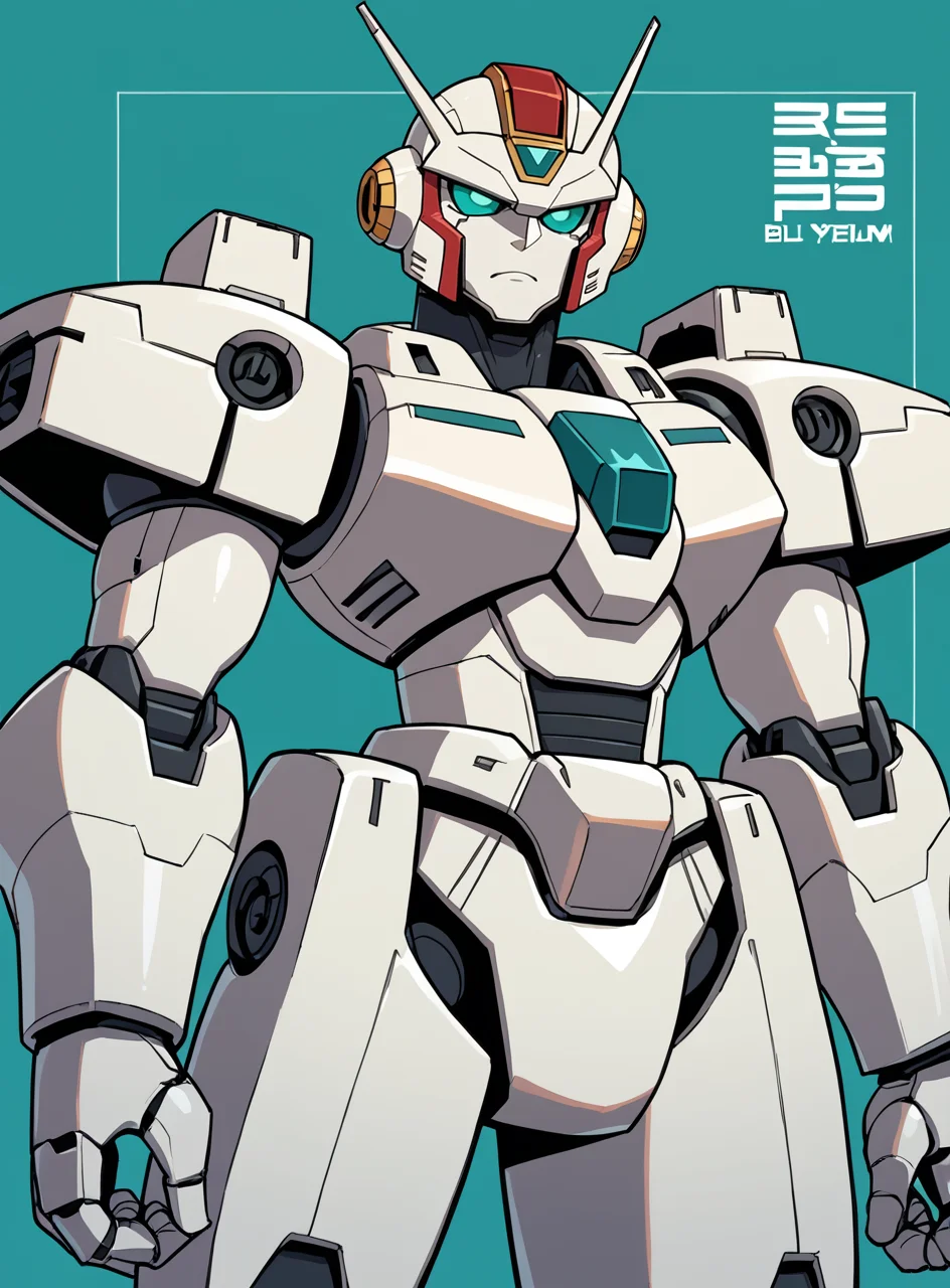 score_9, score_8_up, score_7_up, bullypxl, comic wallpaper, <lora:bullypxl:0.7>, best quality, 2d, teal background, gundam, white robot