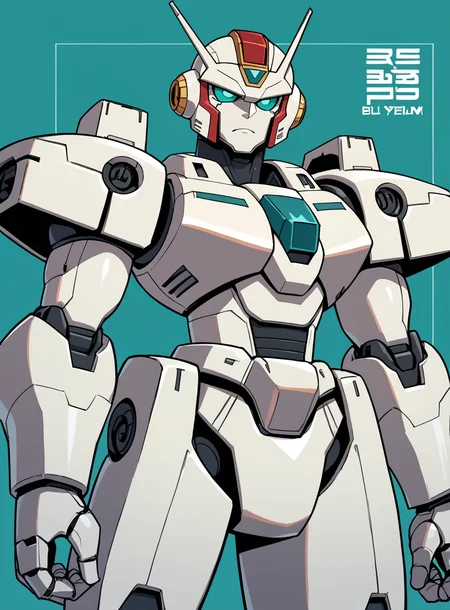 score_9, score_8_up, score_7_up, bullypxl, comic wallpaper, <lora:bullypxl:0.7>, best quality, 2d, teal background, gundam, white robot