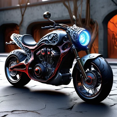 ((best quality)), ((masterpiece)), ((realistic,digital art)), (hyper detailed),DonMD3m0nV31nsXL,bio organic demonic veins, Electric Motorcycle, Side Marker Lights, Running Boards, Roof Spoiler, Stone, Luminous, Etched Details,, <lora:DonMD3m0nV31nsXL_v1.1-000009:0.85>