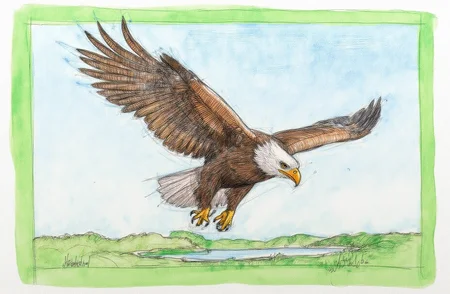 Sharp image of a rough sketch, rendered in vibrant multi colour ballpoint pen, capturing the adorable features of a portait of a bald eagle in flight. The eagle is in the center of the image, with its wings spread wide and its talons extended. Its head is turned towards the right side of the frame, and its beak is open as if it is about to take off. The background is a clear blue sky and a body of water can be seen in the distance. The image is framed by a green border.  p3nsk, <lora:p3nsk:1>