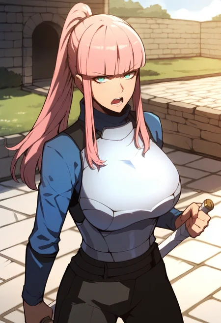 score_9, score_8_up, score_7_up, score_6_up, source_anime, rating_explicit, 1girl, solo, huge breasts,<lora:Mesa Milkano prefectPonyxl:0.9> pink hair, long hair, ponytail, blunt bangs, blue eyes, sidelocks, aqua eyes, white armor, blue shirt, turtleneck, breastplate, long sleeves, black pants, serious, open mouth, training ground, outdoors, looking at viewer, (holding sword:1.1), fighting stance, standing, spread legs, clenched hand