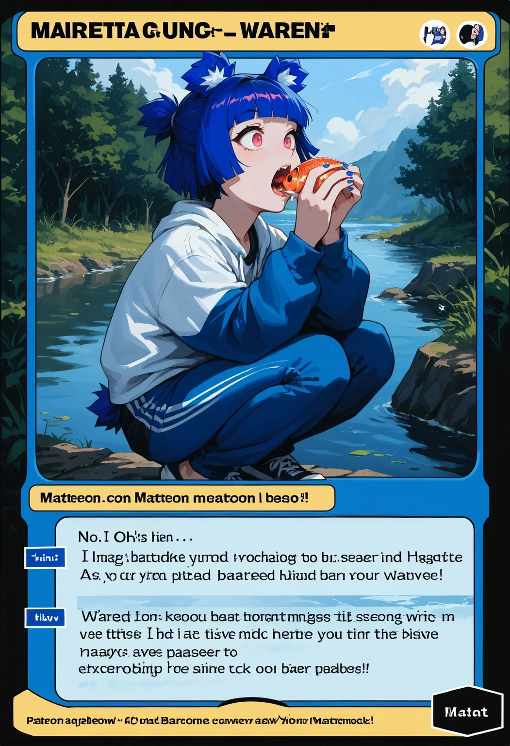 c4rd,english text,character name,
eating fish, river, from side, surprise, open mouth, squatting, 
GrisVert, animal ears, bear tail, magenta eyes, blue hair, short hair, blue nails, fang
,score_9,score_8_up,score_7_up, source_anime,
 <lora:MTG_card_v2:1>  <lora:Gris-VertigrisPDXL_V1-Manityro-CAME:1>