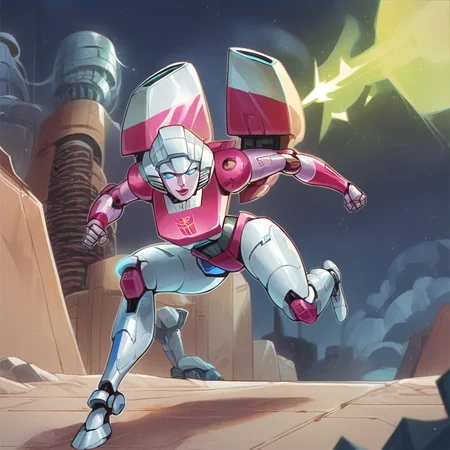 score_9, score_8_up, score_7_up, score_6_up, score_5_up, score_4_up, a girl in a science fiction metal land, 1girl, <lora:ArceeG1_XL:1> arcee, 1girl, transformers, robot, running, autobot, shooting a laser pistol behind her