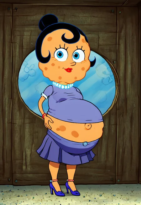 Sp0nge_m0m, 1girl, blue eyes, solo, black hair, high heels, jewelry, Shirt, Skirt, (portrait, head tilt, looking at viewer), Big belly, exposed navel