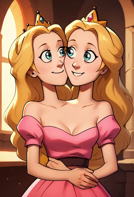 score_9, score_8_up, score_7_up, score_6_up, score_5_up, tohstyle, princess, puffy sleeves,cleavage, solo, medium breasts, off-shoulder pink dress, 1girl with twoheads, looking at each other, eye contact, long hair, blonde hair, blue eyes, indoors, castle, bedroom, youthful, smile, content, self hug,