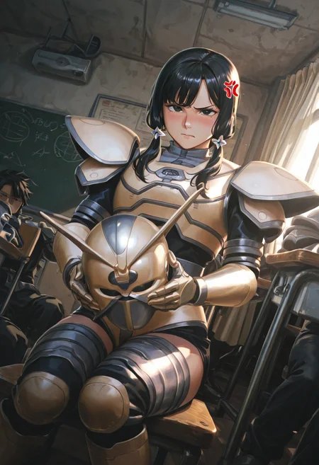 1girl, (solo), black hair, hair ornament, sidelocks, curtain bangs, black eyes, A9eha, bodysuit, armor, breast, shoulder pad, gloves, belt, boots, knee pad, A9eh shorts, detailed hair, detailed face, detailed facial features, (detailed eyes:1.2), detailed body, looking at viewer, blush, angry, angry vein , sitting, holding helmet,
indoors, classroom, soft light, high quality, , ,
BREAK score_9, score_8_up, score_7_up, (masterpiece, best quality, amazing quality, very aesthetic, absurdres, newest, HDR, high contrast, 8K, very awa:1.4), perfect anatomy, official style, (ultra-detailed), ((extremely detailed)), (high resolution), ((outlined vector graphics)), perfect lighting, anime coloring, detailed background, intricate details, scenery, Smooth Quality - Illustrious, illustration, vibrant colors, cinematic lighting, high-tech accessories, futuristic vibes, female focus, solo focus, dynamic angle, cinematic angle, dutch angle, perfect anatomy hands, perfect anatomy fingers, (detailed hands:1.2),
