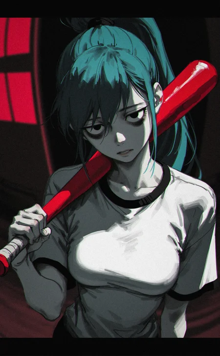 1girl, solo, (narue:1.2), tatsumi \(psmhbpiuczn\), 96yottea, kan liu \(666k\),  messy sketch, rough sketch,
fisheye, foreshortening, 
 (petite:1.2), toned, medium breasts, looking at viewer white shirt, facing viewer, straight on, large baseball bat over shoulder, 
aqua hair, high ponytail, long hair, black eyes, empty eyes, jitome, (sanpaku:1.3), bags under eyes, pale skin, 
realistic, limited palette, dark theme, blue theme, red  theme, textured, upper body, head tilt, yandere, ,
<lora:nhl-003:0.45> nhl-003, blurry background, depth of field, 
<lora:nhl-001-20:0.6> nhl-001, realistic,
very aesthetic, amazing quality, best quality, masterpiece,
