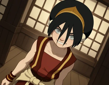 score_9, score_8_up, score_7_up, source_anime, <lora:toph-beifong-book2book3-ponyxl-lora-nochekaiser:1>, toph beifong, black hair, hairband, blind, grey eyes, hair between eyes, short hair,, shirt, sleeveless, red shirt, collarbone, bare shoulders, red pants, clothes around waist, gold hairband,, indoors, smile, looking at viewer, solo,, cowboy shot, dutch angle