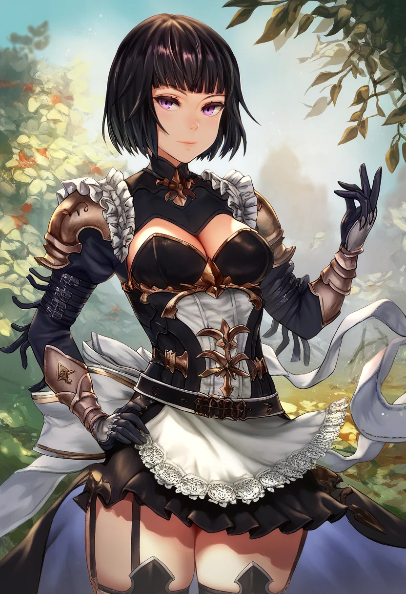 asanagi, (score_9, score_8_up, score_7_up, :1.2) detailed, highres, absurdres, a girl standing outdoors in a pose, 1girl, solo, standing, looking at viewer, pose, hand on hip, contrapposto ,
black hair, short hair, bob cut, frills, belt, blunt bangs, armor, gloves, black armor, skirt, shoulder armor, waist apron, cleavage cutout, garter straps,waist cape, medium breasts, back bow, purple eyes, skindentation,
hands, rating_safe <lora:sdxl_asanagi_v1:0.4> <lora:ErikaPonyTest:1>