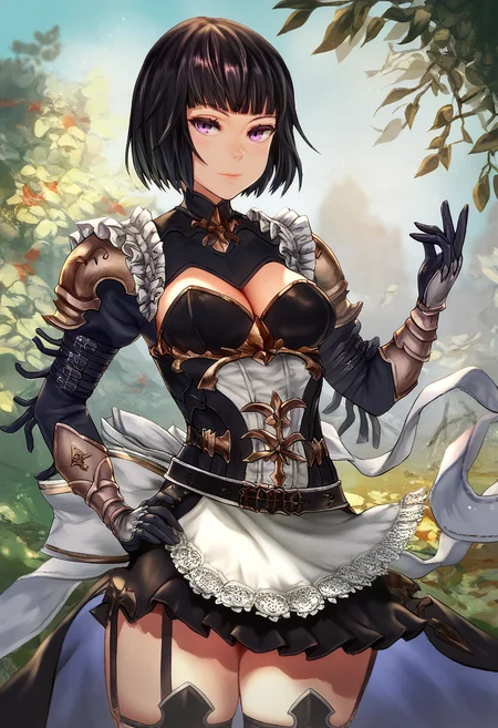 asanagi, (score_9, score_8_up, score_7_up, :1.2) detailed, highres, absurdres, a girl standing outdoors in a pose, 1girl, solo, standing, looking at viewer, pose, hand on hip, contrapposto ,
black hair, short hair, bob cut, frills, belt, blunt bangs, armor, gloves, black armor, skirt, shoulder armor, waist apron, cleavage cutout, garter straps,waist cape, medium breasts, back bow, purple eyes, skindentation,
hands, rating_safe <lora:sdxl_asanagi_v1:0.4> <lora:ErikaPonyTest:1>