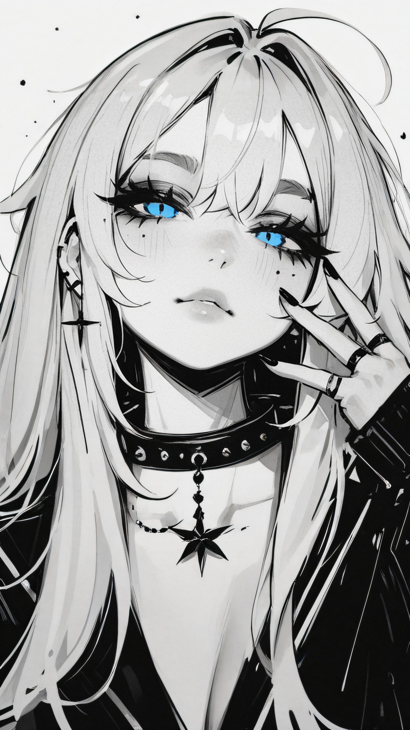 ,masterpiece,best quality,newest,  <lora:Monochrome_Glamour-000009:1.0> mcglam, monochrome, 1girl, blue eyes