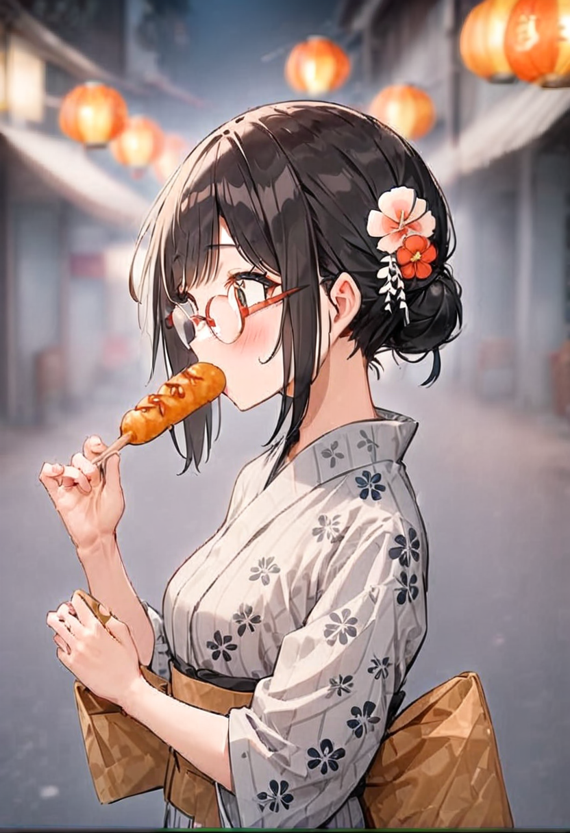 masterpiece, best quality, very aesthetic, absurdres,
1girl, solo, glasses, black hair, food, long hair, blush, holding, holding food, yukata, floral print, hair ornament, hair flower, hair bun, uchiwa, paper fan, blurry background, happy,
american_dog, ketchup, skewer,  summer, night, paper lantern,
<lora:american_dog_SDXL_V1:1>