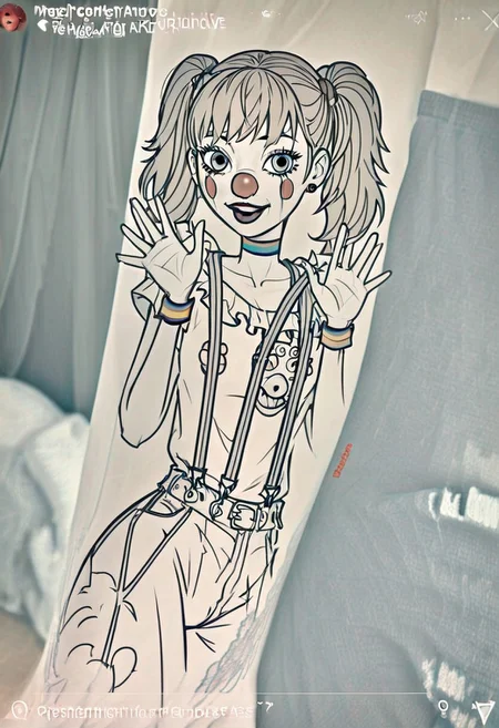 score_9, score_8_up, score_7_up, 1girl, perfecteyes, short, young, petite, (Clown girl:1.3), Pixar, Pigtails, pigtails, tight shirt, suspenders, from the front, under the big top, at the circus, cheerful facial expression, waving, sleek, modern, minimalist, graphic, line art, (vector graphics:1.6), (strong lines:1.2), (bold outlines:1.3)