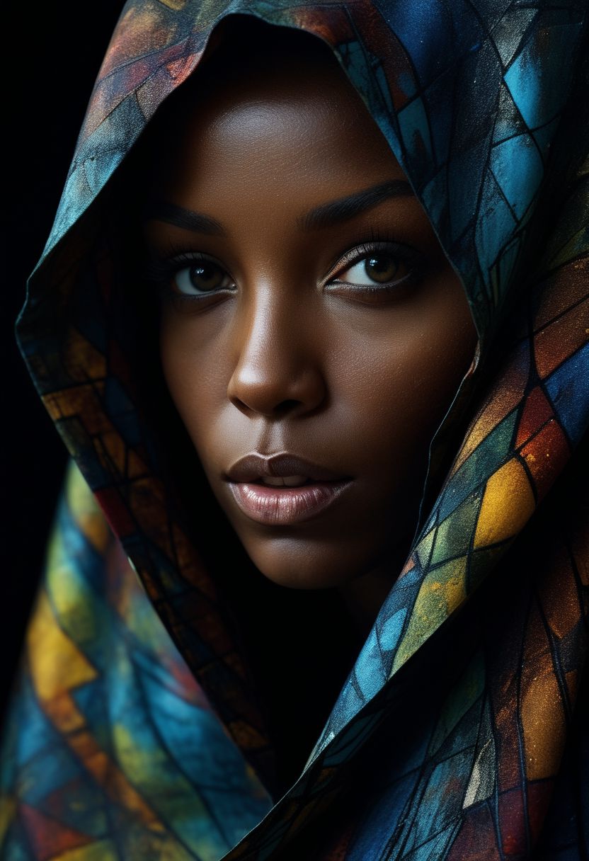 Close-up face, mysterious silhouette of an exotic coloured woman in worn down cape, goddess, alluring, by Minjae Lee, Carne Griffiths, Emily Kell, Steve McCurry, Geoffroy Thoorens, Aaron Horkey, Jordan Grimmer, Greg Rutkowski, amazing depth, double exposure, surreal, geometric patterns, intricately detailed, bokeh,  perfect balanced, deep fine borders, artistic photorealism , smooth,  great masterwork by Suiras  <lora:add-detail-xl:2>  <lora:Double_Exposure:0.5>