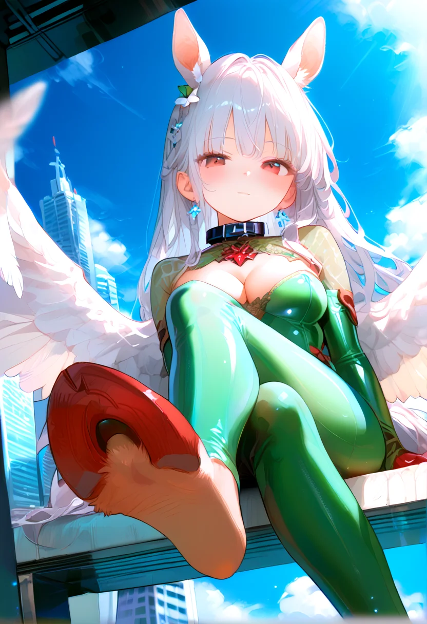 score_9, score_8_up, score_7_up, source_anime, break a beautiful charming young lady, Expressiveh, (Uncensored, Erotic, lustful, rutting, seduction,Delicate:1.3),
white horse's tail, horse's ears, red (hoof hooves:1.5), middle breasts, cleavage, white hair, Delicate Hair Accessories, red eyes, collar, blush, (see-through:1.3) breakgreen latex catsuit, depth of field, light particles,
Sitting high above a bustling metropolis, face focus, white feathered wings, looking at viewer. warm cloud filled twilight sky, city skyline, unique angle,solo,feet focus, sitting, from below, trending
<lora:detailed_notrigger:1> <lora:Expressive_H:0.45><lora:naipf:0.25><lora:add-detail-xl:2>