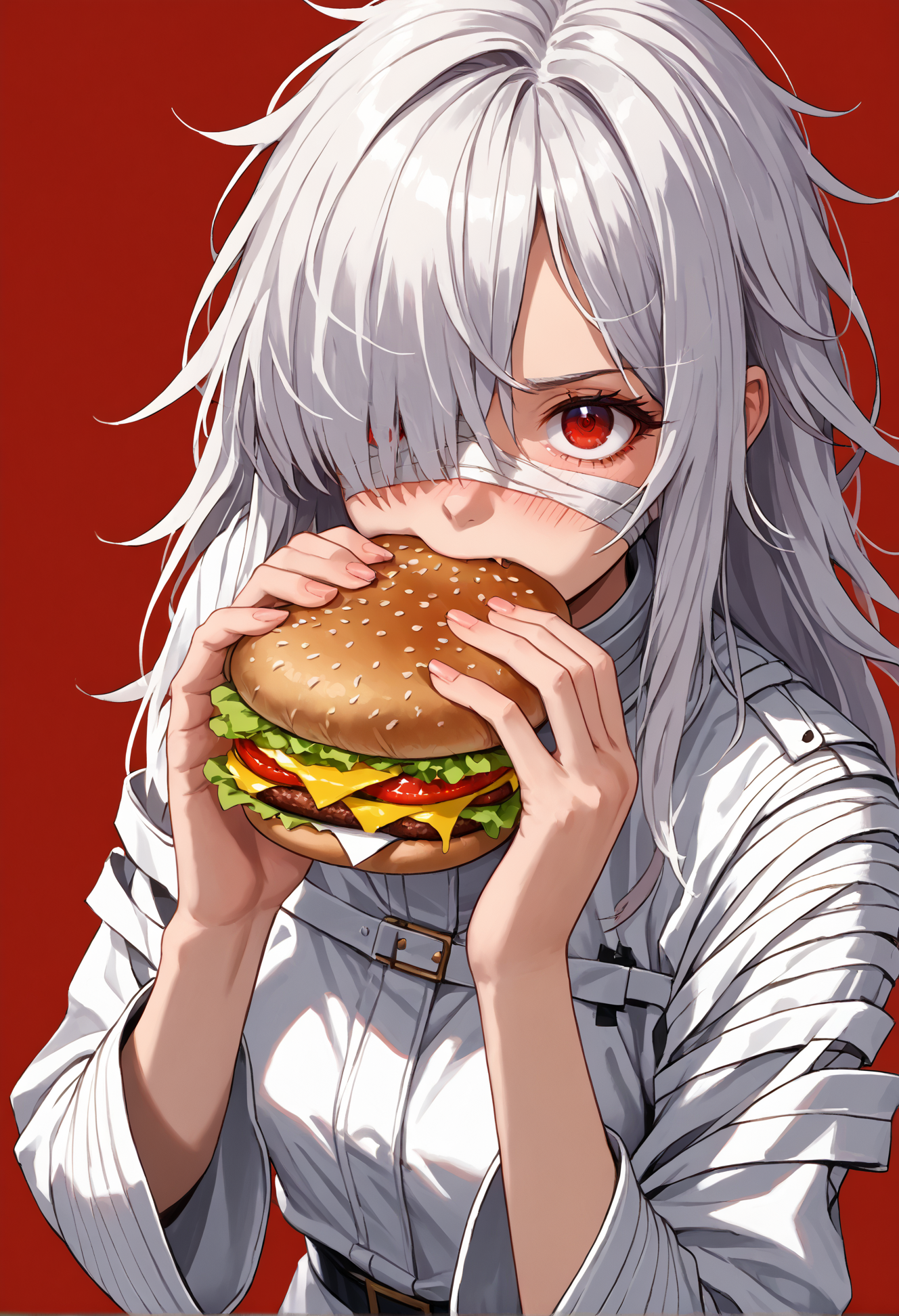 score_9, score_8_up, score_7_up, source_anime, 1girl, upper body white hair, messy hair, long hair, bangs, bandage over face, bandages over one eye, blush, from above, red eyes, white straitjacket, white pants, red background, looking at viewer,  <lora:_sdxl-dokaguiburger-pony:1>, dokaguiburger, eating gurger, holdinf burger