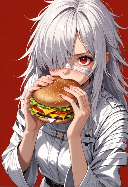 score_9, score_8_up, score_7_up, source_anime, 1girl, upper body white hair, messy hair, long hair, bangs, bandage over face, bandages over one eye, blush, from above, red eyes, white straitjacket, white pants, red background, looking at viewer,  <lora:_sdxl-dokaguiburger-pony:1>, dokaguiburger, eating gurger, holdinf burger