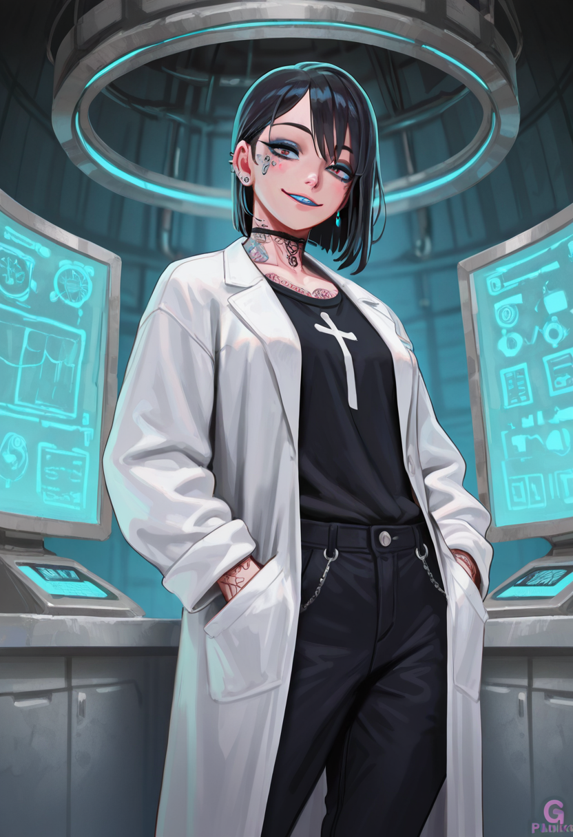 masterpiece, best quality, amazing quality, ultra detailed, solo, 1girl, black hair, goth, athletic, tattooed, blue makeup, earrings, piercings, smile, lab coat, black shirt, pants, hands in pockets, futuristic laboratory,,, <lora:G-Puniro_Style_IL:0.81>