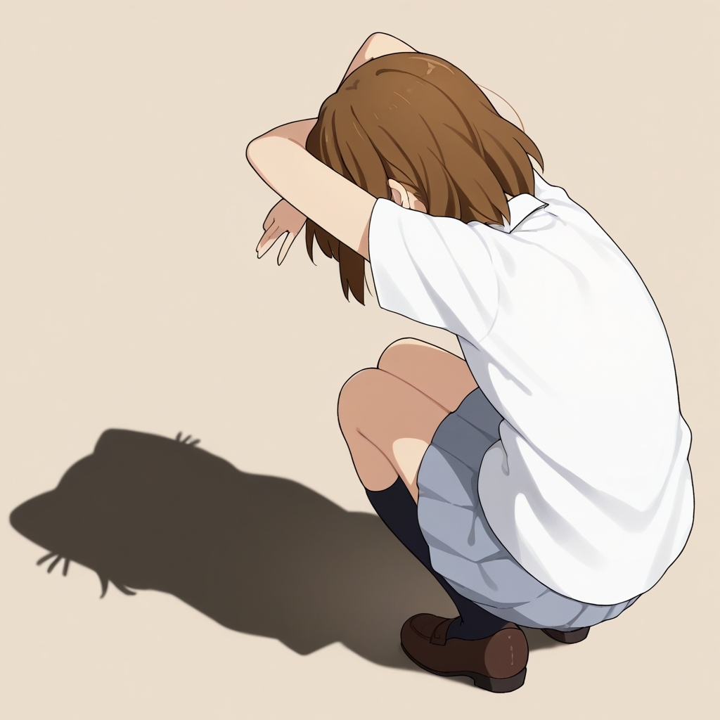 masterpiece, best quality, highres, simple background, 
1girl, hirasawa yui, csp, squatting, shadow, arms up, 
 <lora:cat_shadow_puppet_il_v1:0.8>