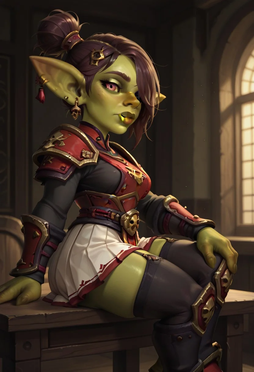 masterpiece, best quality, amazing quality, very aesthetic, absurdres, newest, <lora:WoW_GoblinGTb:0.70>, <lora:Gobbo_Style_Type2a:0.75>, gobbostyle2, wowgobbostyle, indoors, volumetric lighting. fantasy, torches,
1girl, female goblin, muscular female, nose, lips, pointy ears, sitting on table, armor, hand on knee, looking at viewer, earrings, hair over one eye, hair ornament, from side, (black long sleeves shirt, white pleated skirt, high thigh stockings, garter)