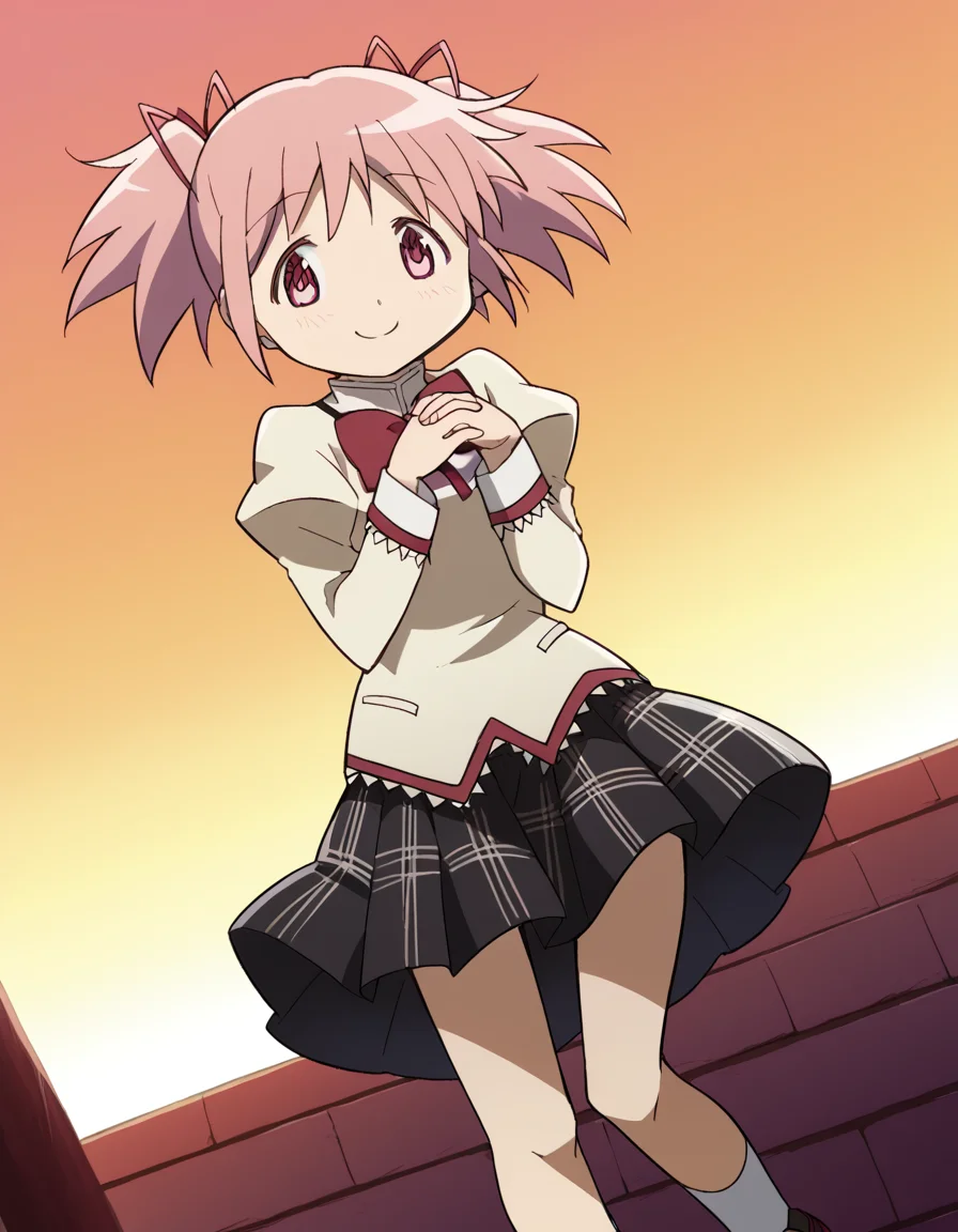 score_9, score_8_up, score_7_up, source_anime, <lora:madoka-kaname-s1-ponyxl-lora-nochekaiser:1>, madoka kaname, short hair, ribbon, twintails, hair ribbon, pink hair, pink eyes, short twintails,, skirt, school uniform, mitakihara school uniform, puffy sleeves, plaid skirt, pleated skirt, bowtie, red bowtie, suburban neighborhood, morning jog, earphones, running shoes, fresh air, sunrise, smile, <lora:gendou-pose-ponyxl-lora-nochekaiser:1>, gendou pose, own hands clasped, own hands together, parody,, looking at viewer, solo,, dutch angle, cowboy shot