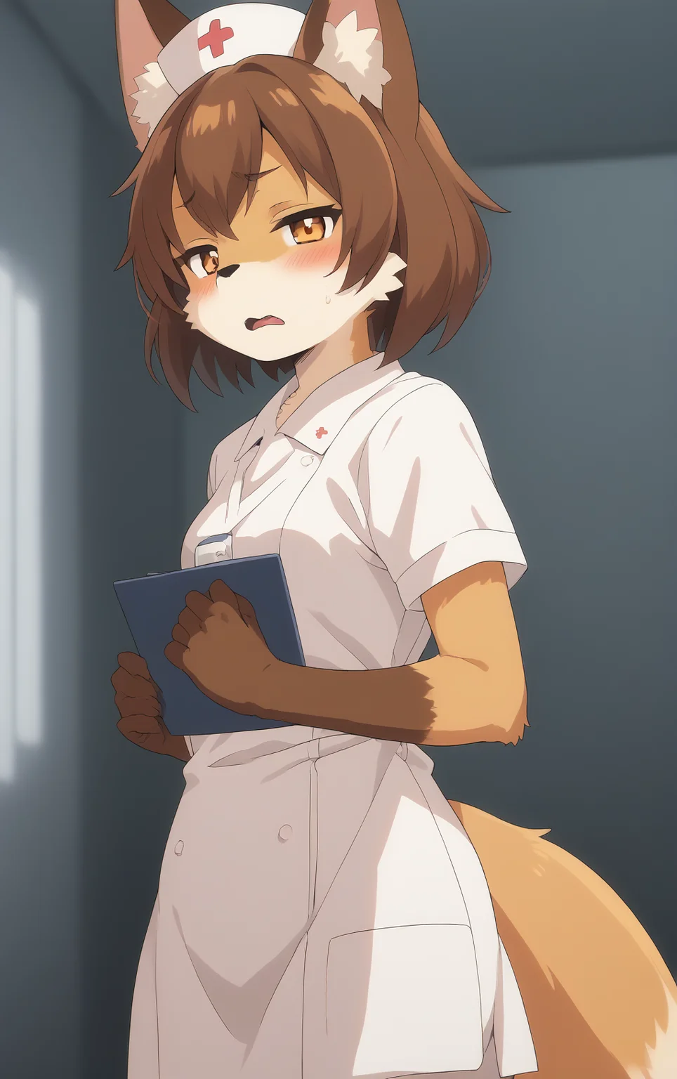 score_9, score_8_up, score_7_up,score_6_up,score_5_up, source_furry, 1girl, solo, cub, anime screencap, animal ears, furry, brown hair, tail, blush, furry female, open mouth, looking at viewer, fox ears, embarrassed, (tsundere:0.5), (half-closed eyes:1.1), brown eyes, breasts, brown fur, animal ear fluff, fox tail, short hair, animal nose, sweatdrop, small breasts, bangs, body fur, white fur, fox girl, nurse costume, nurse cap, holding clipboard, back, cowboy shot, white background, <lora:TsundereFox_pony_v1:1>, tfg, <lora:p:0.35> <lora:Anime_Screencap:1>