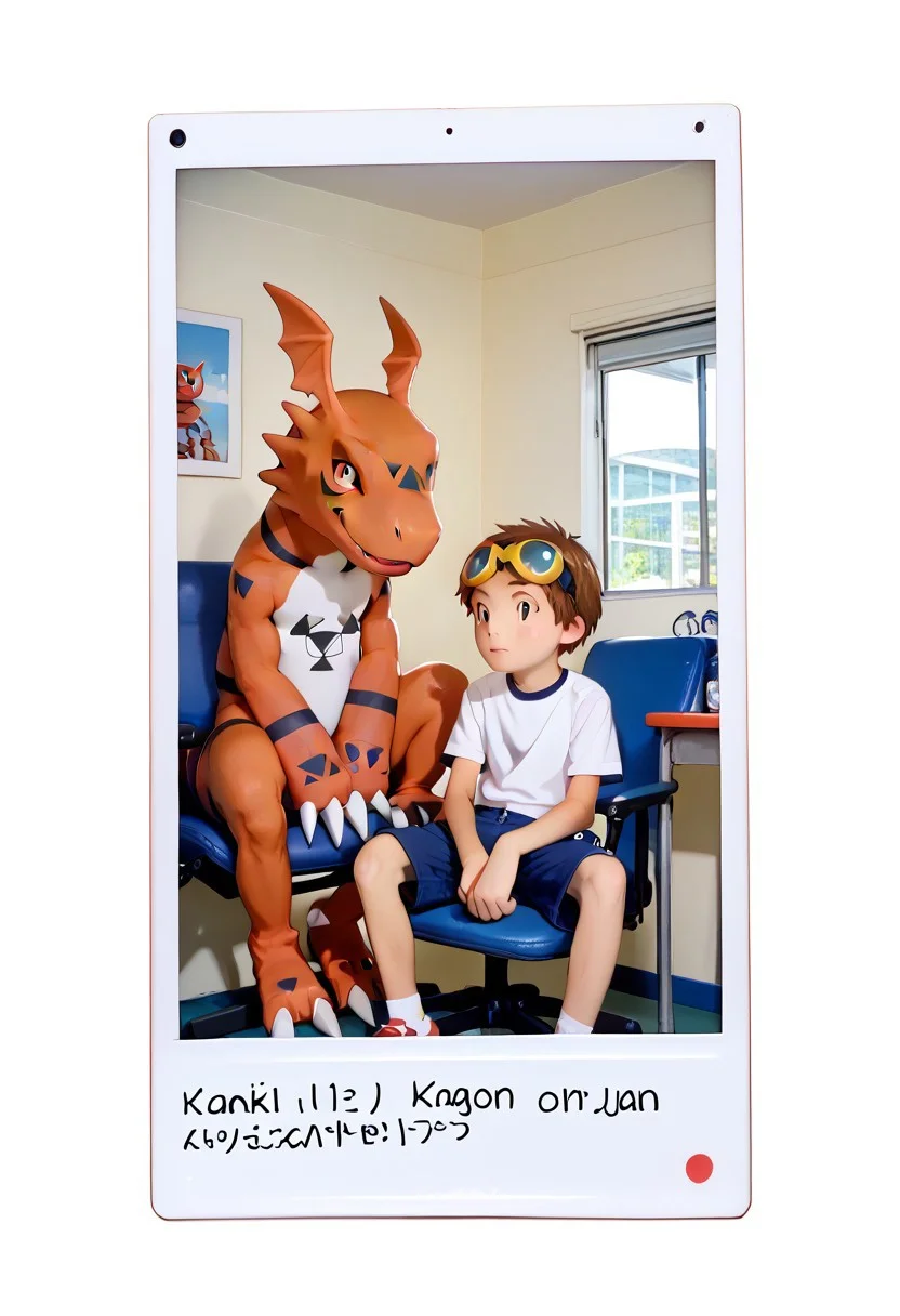 score_9, score_8_up, score_7_up, zPDXL2,
,takato sitting chair hold guilmon,
1boy, solo, goggles on head, brown hair, jyojifuku, white shirt, short sleeves, shorts, gym uniform,,,polaroid_photo,feral,digimon