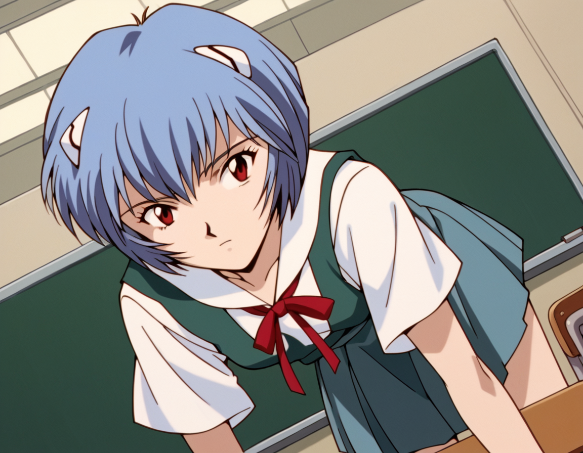 score_9, score_8_up, score_7_up, source_anime,
reiayanami,  <lora:rei-ayanami-classic-ponyxl-lora-nochekaiser:1>,
rei ayanami, ayanami rei, blue hair, short hair, red eyes,
skirt, shirt, ribbon, school uniform, white shirt, short sleeves, red ribbon, neck ribbon, tokyo-3 middle school uniform,
classroom, bent over,
cowboy shot, looking at viewer, solo, dutch angle,