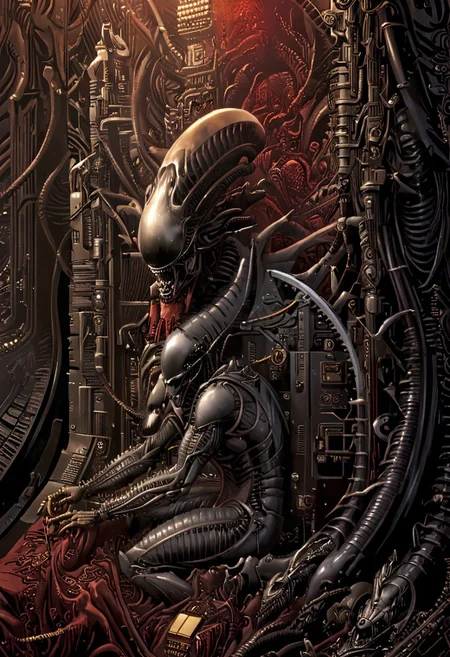 An insanely Detailed Divine Xenomorph, Golden and silver in color, cyberpunk, a crimson tinge to the golden color, Hyperdetailed, Omnipresent, Beautiful, Sinister overtones, a clash of Good and Evil in the background promoting Golden silver and Crimson Blacks, otherworldly,by HR Giger