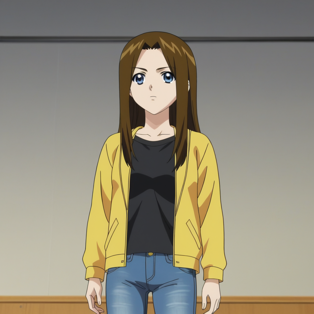 score_7_up, BREAK,  anime screencap, Misha Miramond, 1girl, solo, long hair,   brown hair, blue eyes,   <lora:Misha_Miramond_XL_Leaf1:1>,  black shirt, open jacket, jeans, cowboy shot,