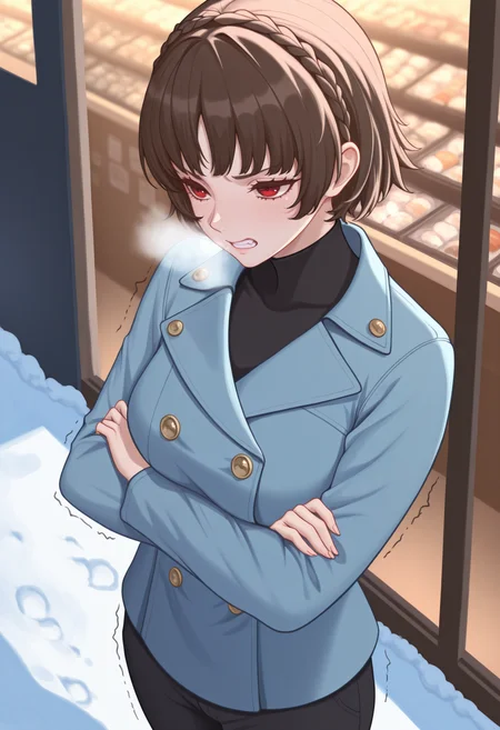 masterpiece, best quality, 1girl, solo, standing, breath, clenched teeth, trembling, crossed arms, <lora:MakotoP5-illu:1> wnMak0, brown hair, short hair, crown braid, red eyes, black turtleneck, blue jacket, double-breasted, long sleeves, black pants, winter, snow, shop