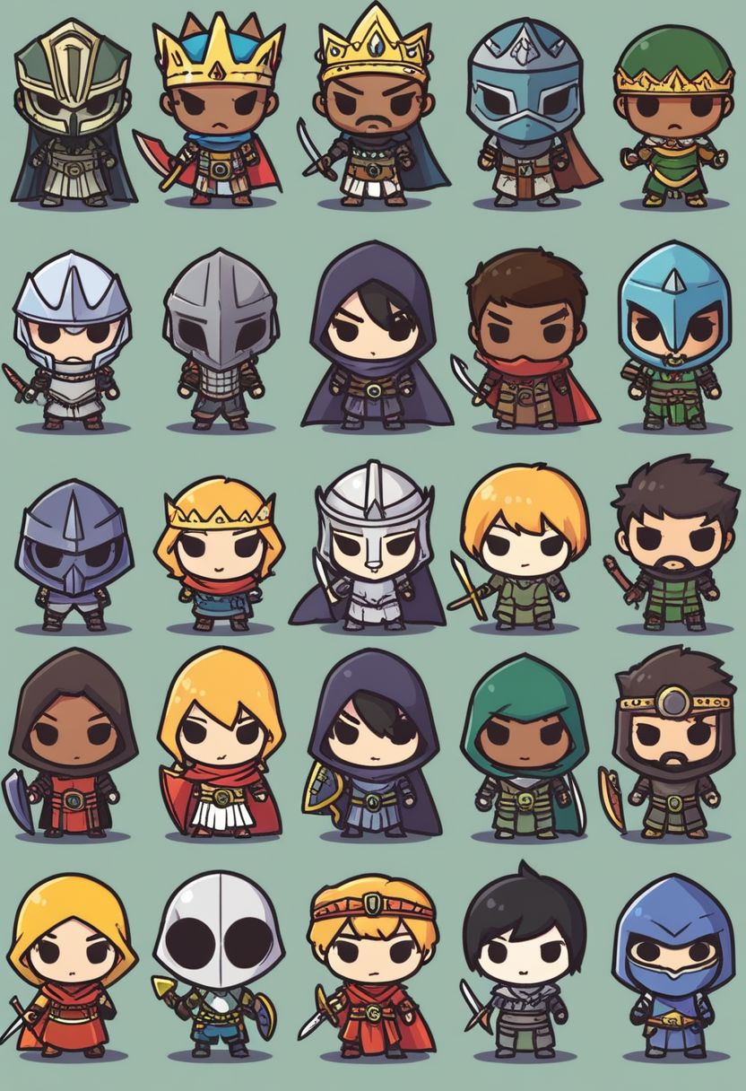 long hair, looking at viewer, short hair, multiple girls, blonde hair, simple background, brown hair, black hair, holding, closed mouth, standing, yellow eyes, weapon, multiple boys, sword, dark skin, hood, chibi, cape, holding weapon, armor, black eyes, mask, facial hair, holding sword, dark-skinned male, helmet, crown, hood up, 6+boys, shield, holding shield