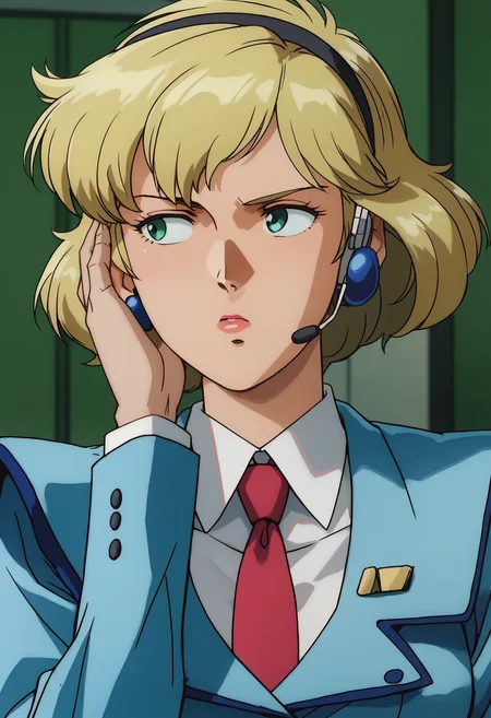 score_9, score_8_up, score_7_up, score_6_up, anime screencap, anime coloring, <lora:G0083NP:0.9>, G0083NP, blonde hair, short hair, lipstick, green eyes,
earrings, red necktie, suit, blue jacket, closed jacket, pencil skirt, blue skirt, headset, black hairband, 
looking away, serious, upper body, hand on own ear, 
BREAK indoors,