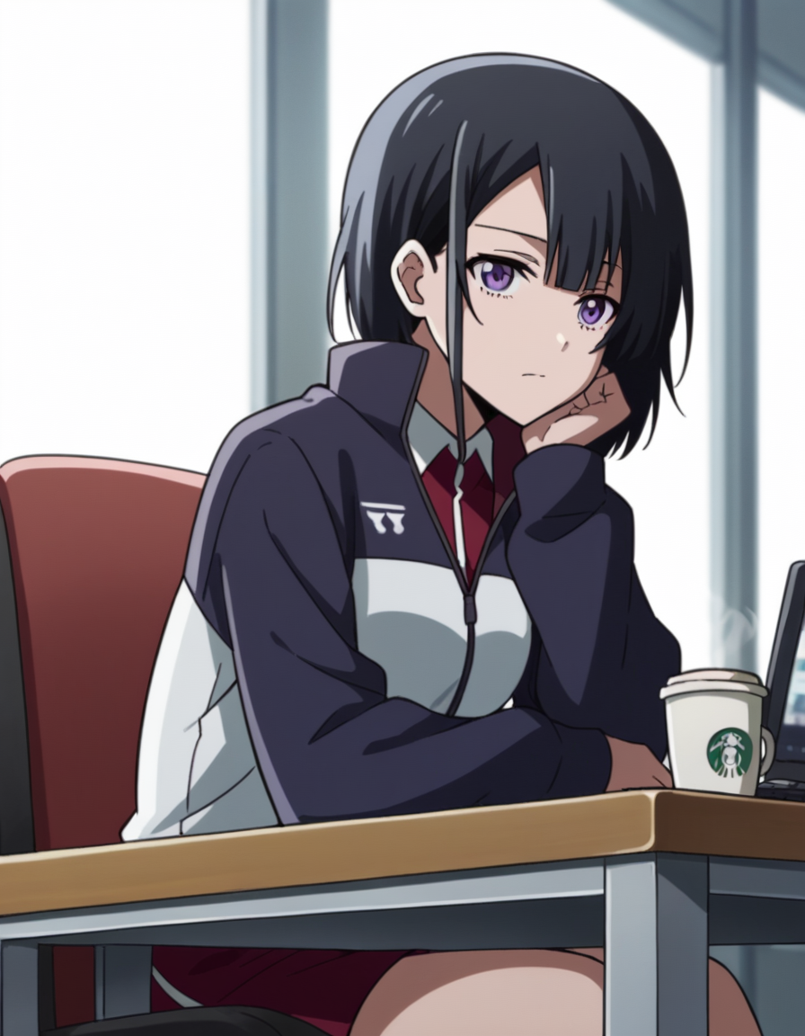 score_9, score_8_up, score_7_up, source_anime, <lora:yuika-shiwahime-s1-ponyxl-lora-nochekaiser:1>, yuika shiwahime, short hair, black hair, purple eyes,, shirt, jacket, necktie, shorts, sleeves past wrists, track jacket,, home office, working from home, computer screen, coffee cup, focus, deadline, , , sitting, elbow rest, table,, solo,, dutch angle, cowboy shot