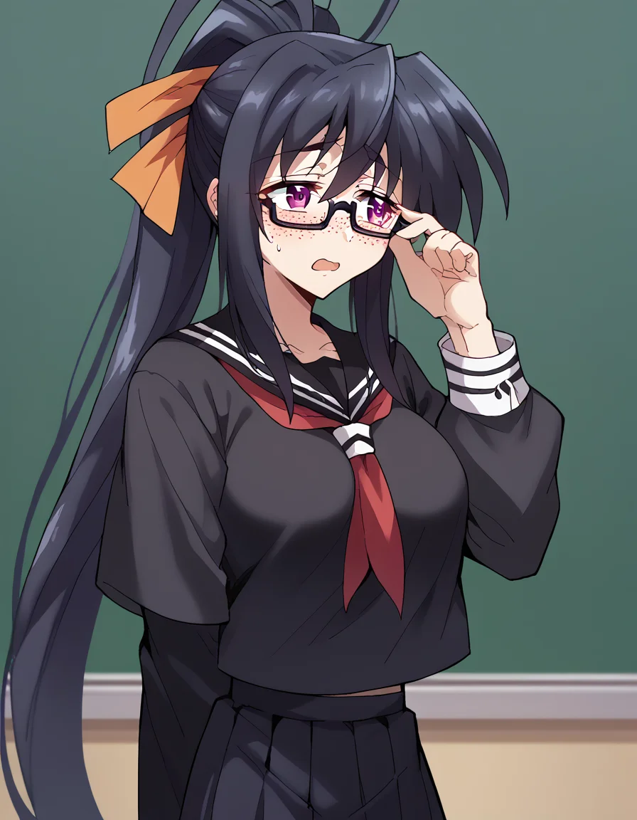 score_9, score_8_up, score_7_up, source_anime, <lora:akeno-himejima-ponyxl-lora-nochekaiser:1>, akeno himejima, long hair, black hair, ribbon, very long hair, purple eyes, hair ribbon, ponytail, antenna hair, large breasts,, <lora:jimiko-ponyxl-lora-nochekaiser:1>, jimiko, glasses, black-framed eyewear, messy, unkempt, thick eyebrows, twintails, braids, freckles, baggy eyes,, blush, open mouth, embarrassed, classroom, adjusting eyewear, serafuku, black serafuku, red neckerchief, skirt, black skirt, pleated skirt, cowboy shot, <lora:averting-eyes-ponyxl-lora-nochekaiser:1>, averting eyes,