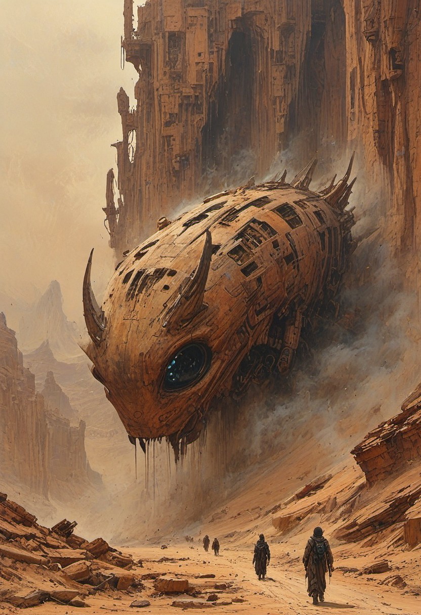 Dry riverbeds with rusting boats stand as silent monuments in a world drained of water. The composition includes  futuristic crystal skyscraper towering in the sky,  looking down on a suspended mid-air jet. create a sense of whimsy and mystery, evoking a cartoonish  in a desert,  Japanese animation, Skeletal survivors, their bodies wasted by thirst and hunger, wander through the dust  panoramic, engagement that reaches across a digital landscape. the bridge cybergoth fashion dog accounts for a small part of the picture,  existences in the background, towering mountains loom, all interwoven to create a sense of rhythm and flow.