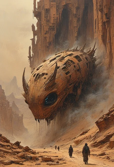 Dry riverbeds with rusting boats stand as silent monuments in a world drained of water. The composition includes futuristic crystal skyscraper towering in the sky, looking down on a suspended mid-air jet. create a sense of whimsy and mystery, evoking a cartoonish in a desert, Japanese animation, Skeletal survivors, their bodies wasted by thirst and hunger, wander through the dust panoramic, engagement that reaches across a digital landscape. the bridge cybergoth fashion dog accounts for a small part of the picture, existences in the background, towering mountains loom, all interwoven to create a sense of rhythm and flow.