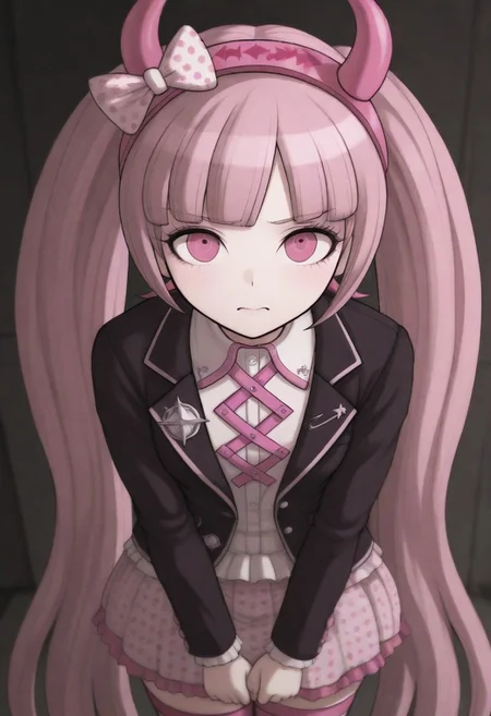 masterpiece, best quality, amazing quality, kotoko, pink hair, pink eyes, long hair, very long hair, twintails, blunt bangs, horned hairband, bow,
