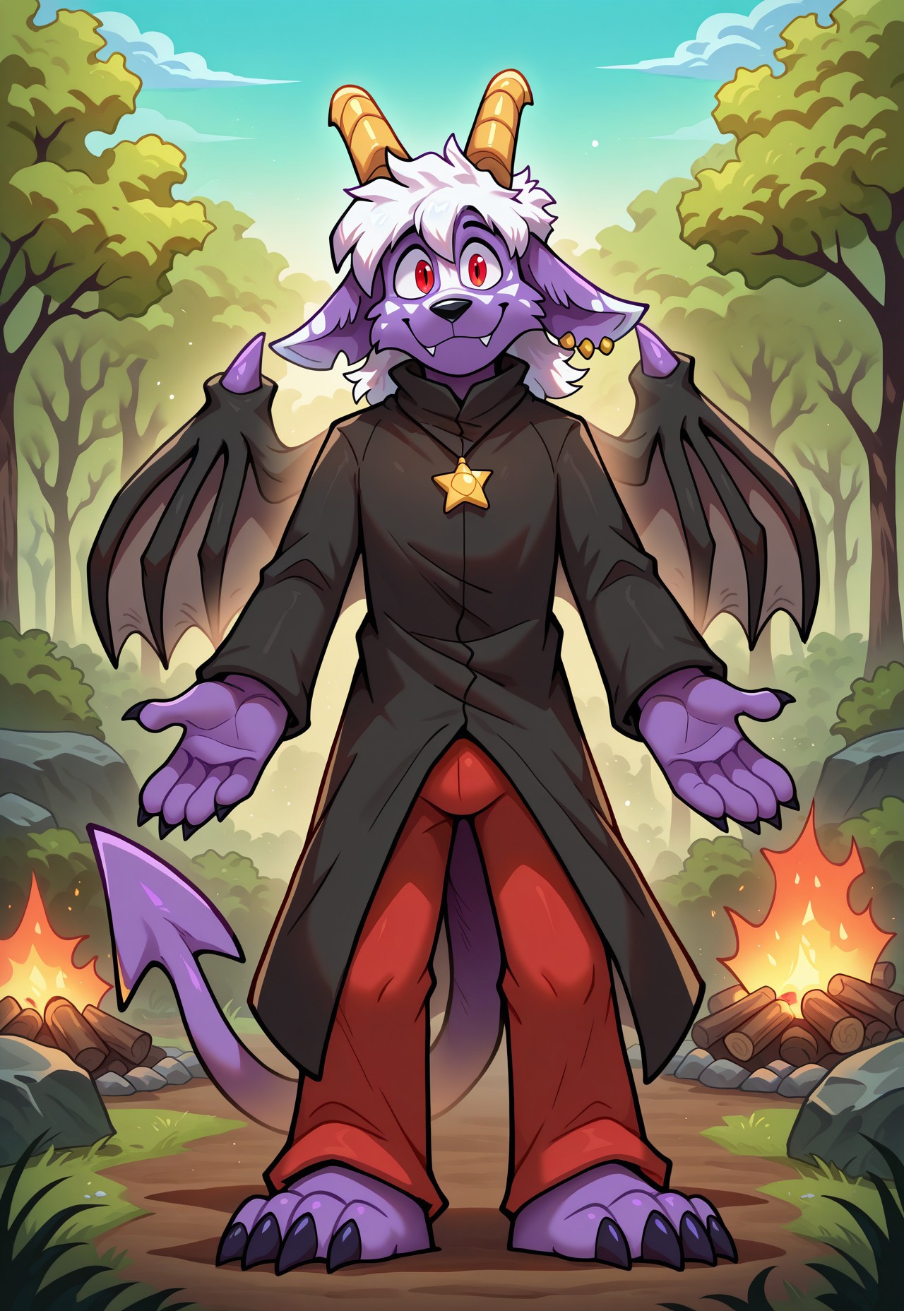 masterpiece, best quality, newest, absurdres, highres, buwaroelexion, solo, full body, 1boy, furry, demon, purple skin, white hair, red eyes, demon horns, animal ears, earrings, star necklace, demon wings, claws, demon tail, coat, red pants, barefoot, looking at viewer, smile, fangs, happy, BREAK, perspective, outdoors, campfire