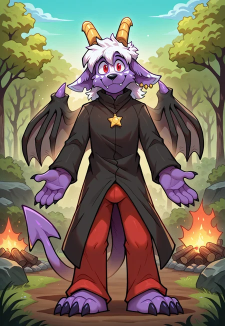 masterpiece, best quality, newest, absurdres, highres, buwaroelexion, solo, full body, 1boy, furry, demon, purple skin, white hair, red eyes, demon horns, animal ears, earrings, star necklace, demon wings, claws, demon tail, coat, red pants, barefoot, looking at viewer, smile, fangs, happy, BREAK, perspective, outdoors, campfire