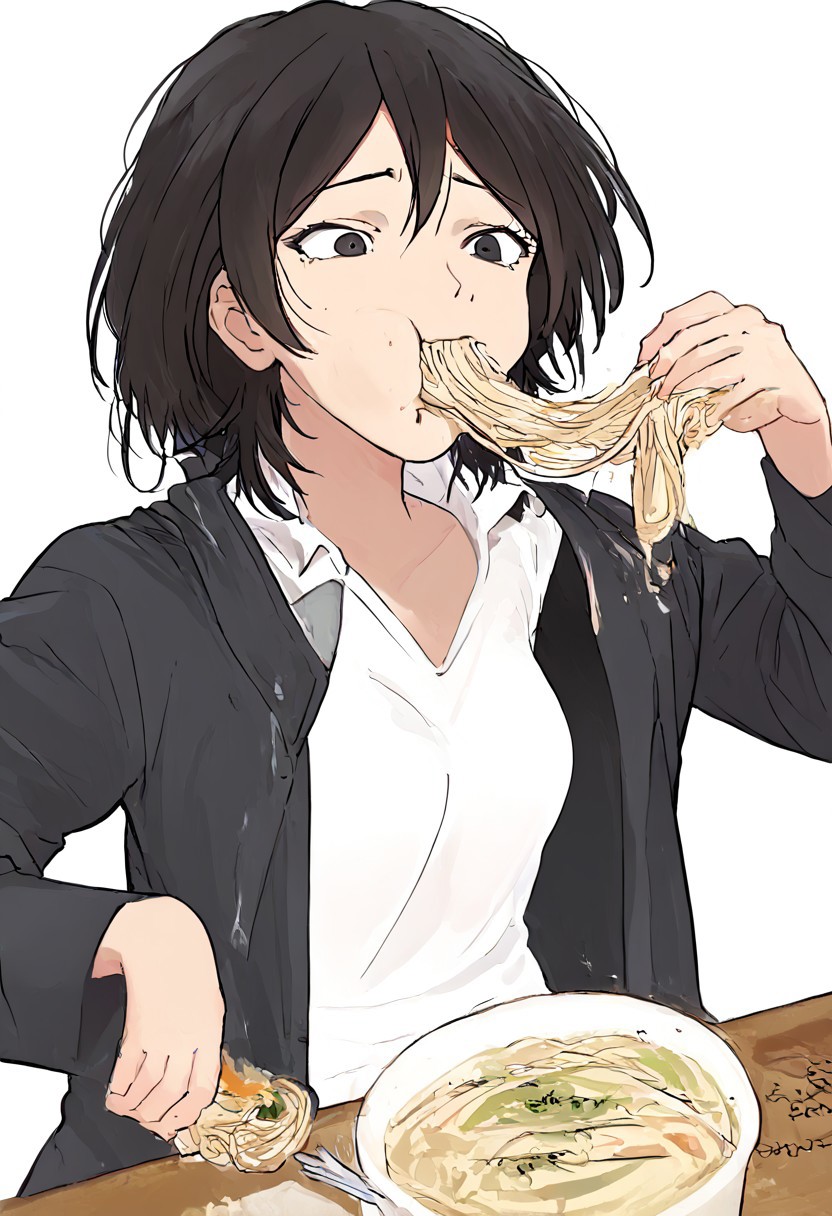 score_9, score_8_up, score_7_up, source_anime, takahashi maya, 1girl, short hair, black hair, black eyes,  black hair, black eyes, black jacket, open jacket, white shirt, long sleeves, pencil skirt, black pantyhose, eating ramen, messy eating