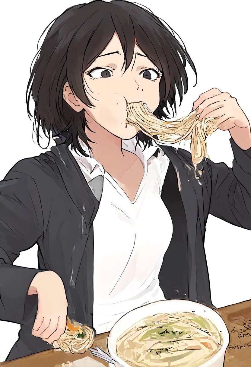 score_9, score_8_up, score_7_up, source_anime, takahashi maya, 1girl, short hair, black hair, black eyes, black hair, black eyes, black jacket, open jacket, white shirt, long sleeves, pencil skirt, black pantyhose, eating ramen, messy eating