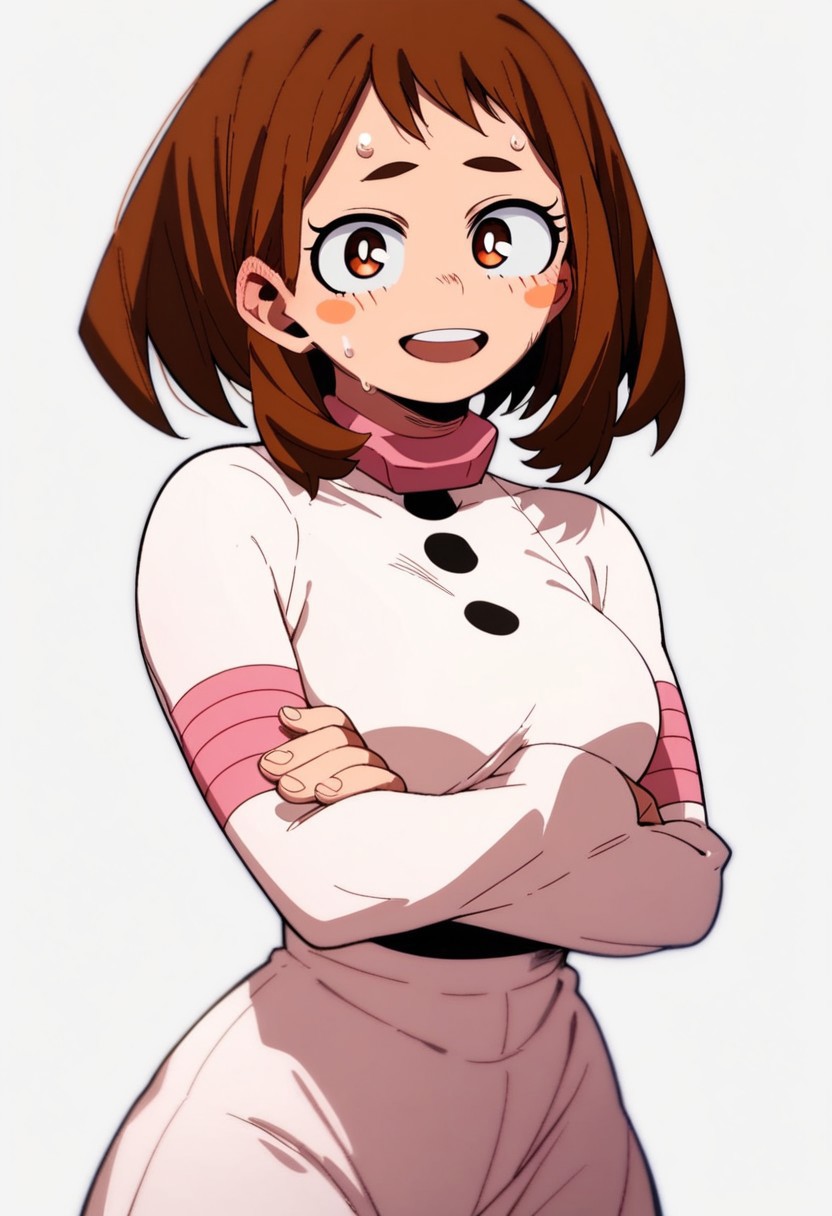 score_9, score_8_up, score_7_up , 1girl, 1girl, mosaic censoring, smile, slight seductive pose,, medium breasts, sweating, breasts,, long skirt, 1girl, solo focus, Upper body, crossed arm, 
ochako_uraraka, 1girl, score_9, score_8_up, score_7_up, brown hair, brown eyes, white pupil, blush stickers, bodysuit, simple background, solo focus,perfect body, curvey, thick waist, thick body, skin tight dress, , front view, front focys, looking at viewer, seductive expression, slightly open mouth, smile, ANIMESTYLE