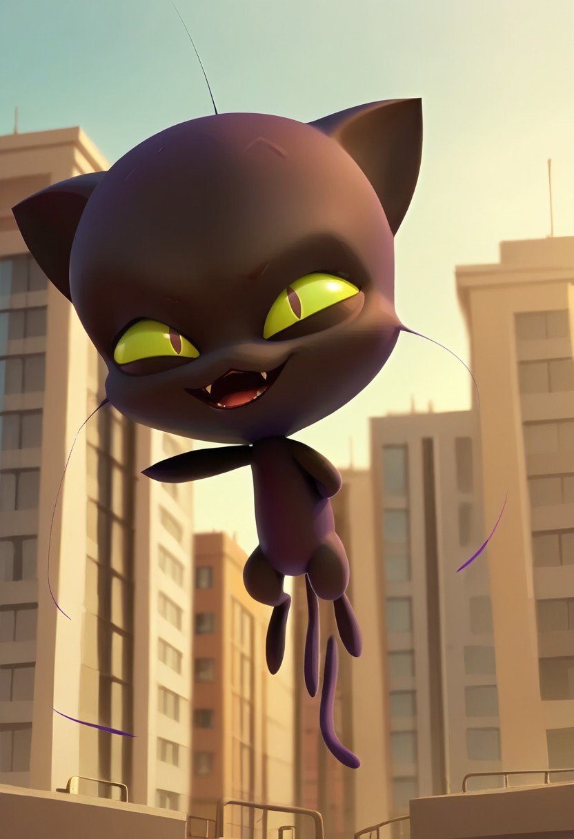 BREAK score_9, score_8_up, score_7_up, source_anime, plagg_kwami, black cat, black fur, green sclera, three blue whiskers, slit iris, (city ​​in the background),