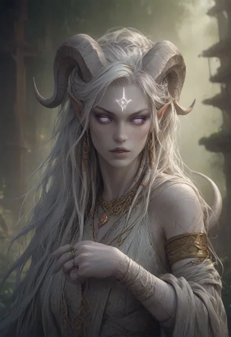 (absurdres, best quality, masterpiece:1.4), score_9, score_8_up, score_7_up, score_6_up, detailed, detailed body, detailed face, world of warcraft, fantasy, <lora:add-detail-xl:1.5>,
fFaceDetail, (female, draenei, h0rns, ram horns, white horns, tall, athletic arms, pale white skin, long white hair, purple eyes, no pupils, no sclera, long white tail, long fingers, purple fingernail polish), 
(long loose white dress, white silk scarf, tail under dress, simple armlet, small yellow gem pendant, small yellow gem earrings),
upper body, front view, looking at viewer, 
depth of field, outdoors, (fantasy faire, wooden village), (crowds in background, fantasy clothing, human, varied clothing)