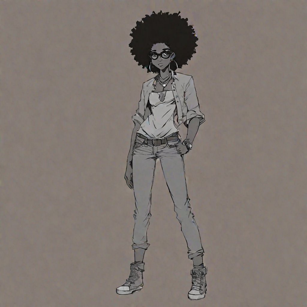 <lora:Charasilhouette-V1-000004:1.0>, charasil, monochrome,  game characters, original designs, 1girl, jewelry, torn pants, torn clothes, crop top, pants, bracelet, torn jeans, midriff, earrings, dark skin, navel, hoop earrings, glasses, blue eyes, denim, jeans, dark-skinned female, afro, full body, breasts, lips, shirt, brown hair, standing, toes, toenails, sandals, print shirt, looking at viewer, big hair, cropped shirt, gradient, curly hair, bangle, gradient background, toenail polish, nail polish, medium breasts, barefoot, t-shirt, very dark skin, small breasts,  heroic pose,