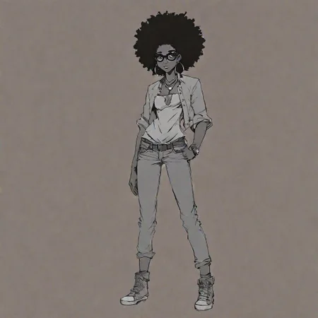 <lora:Charasilhouette-V1-000004:1.0>, charasil, monochrome, game characters, original designs, 1girl, jewelry, torn pants, torn clothes, crop top, pants, bracelet, torn jeans, midriff, earrings, dark skin, navel, hoop earrings, glasses, blue eyes, denim, jeans, dark-skinned female, afro, full body, breasts, lips, shirt, brown hair, standing, toes, toenails, sandals, print shirt, looking at viewer, big hair, cropped shirt, gradient, curly hair, bangle, gradient background, toenail polish, nail polish, medium breasts, barefoot, t-shirt, very dark skin, small breasts, heroic pose,