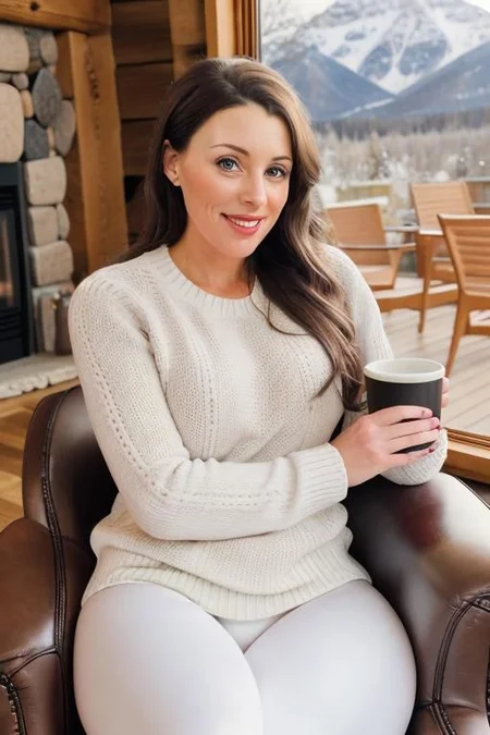 photo of a kari, 35 years old, ((reclining in leather chair)), beside fireplace, indoors, (in ski lodge), dimples, wearing red sweater, white leggings, brown hair, long hair, brown eyes, (holding cup of coffee), highly detailed, best quality, high quality, soft lighting, dim light, low light, dawn, mountains and field through window, sunrise